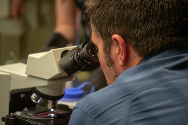 CSATS STEM Education Outreach Specialist, Gabe Knowles, participating in the APPL-Red Pollen Microscopy workshop.