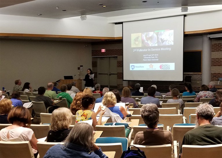 Margarita López-Uribe welcomes 100+ attendees to the 2nd Pollinator In-service Meeting at Penn State on July 9th, 2019. Photo by Shelby Kilpatrick.